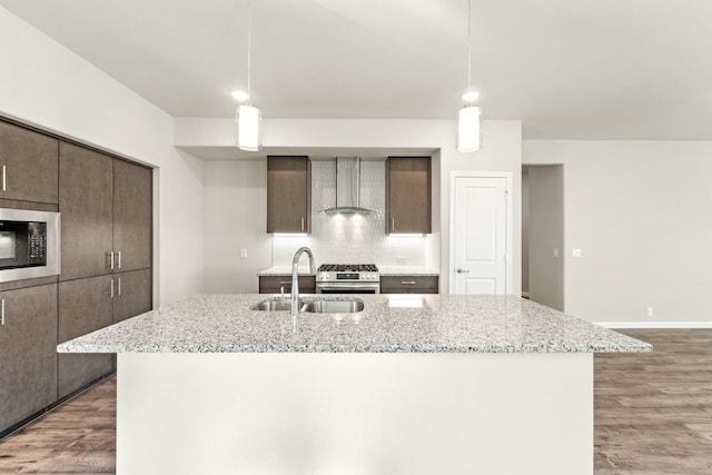 kitchen featuring sink, light hardwood / wood-style flooring, wall chimney range hood, and appliances with stainless steel finishes