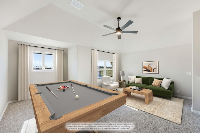 recreation room with carpet floors, ceiling fan, and pool table