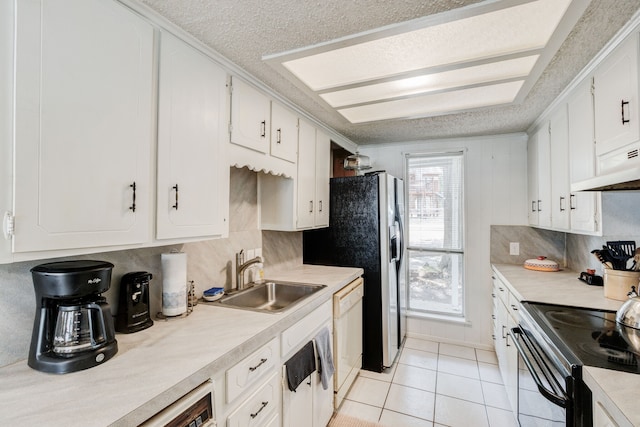 kitchen with white cabinetry, sink, and light tile flooring