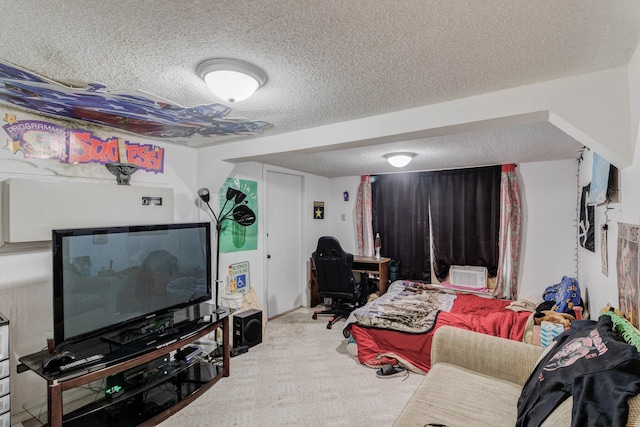 carpeted living room with a textured ceiling