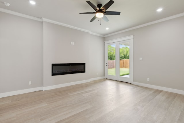 unfurnished living room featuring crown molding, light hardwood / wood-style flooring, and ceiling fan