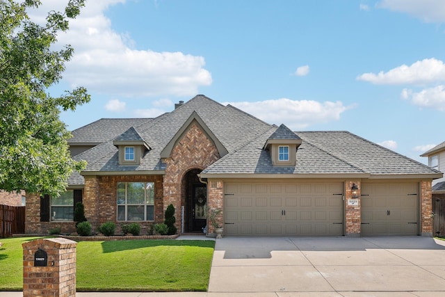 view of front of property featuring an attached garage, driveway, a front yard, and brick siding