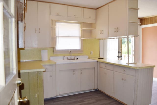 kitchen with white cabinets, kitchen peninsula, plenty of natural light, and sink