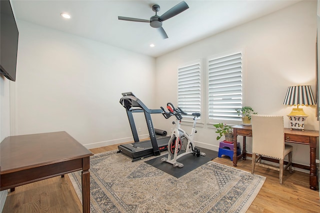 exercise area featuring ceiling fan and light hardwood / wood-style flooring