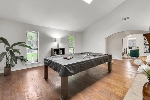 rec room featuring wood-type flooring, lofted ceiling, and pool table