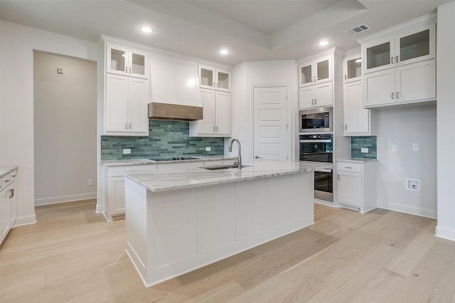 kitchen with white cabinetry, light stone counters, sink, and an island with sink