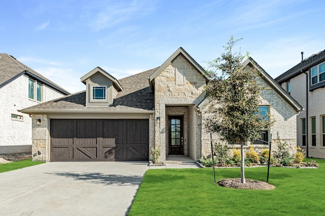 view of front of home featuring a front yard and a garage