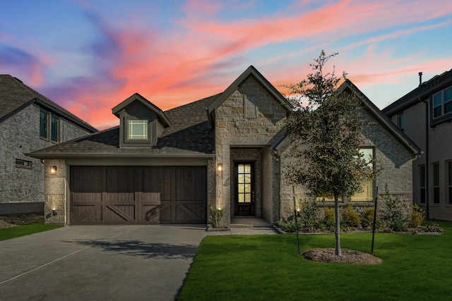 view of front of home with a garage and a lawn