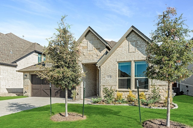 view of front of house with a garage and a front lawn