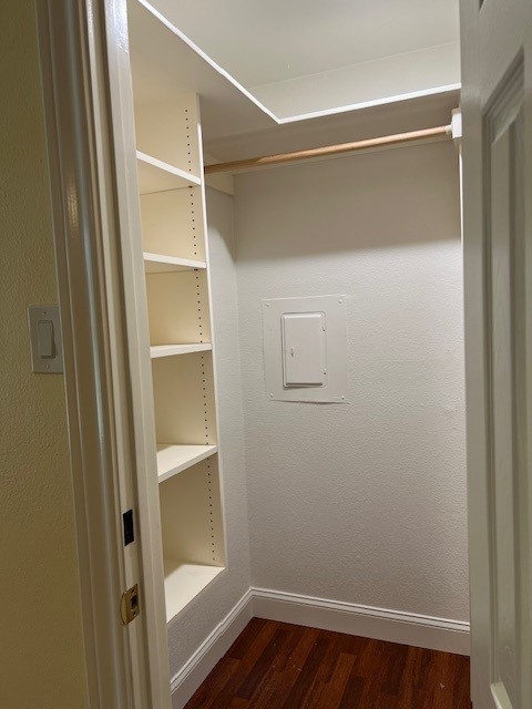 spacious closet with electric panel and dark wood-style flooring