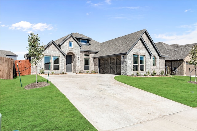 french country style house with a front yard and a garage