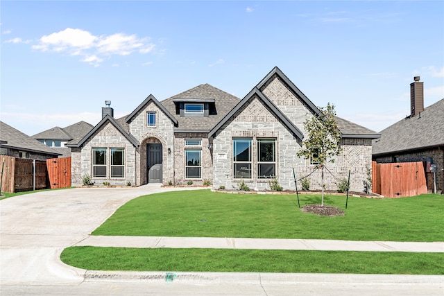 french country inspired facade with a front lawn