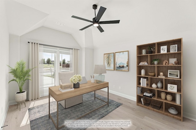 office area featuring light hardwood / wood-style flooring, lofted ceiling, and ceiling fan