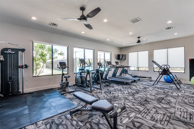 exercise room featuring ceiling fan