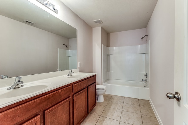 full bathroom featuring bathing tub / shower combination, tile patterned flooring, vanity, and toilet