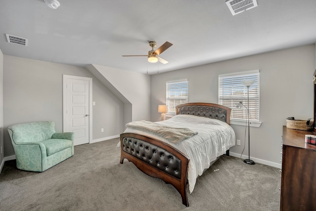 bedroom featuring light carpet and ceiling fan