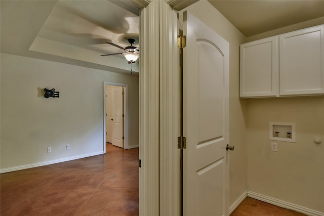 laundry area with tile patterned floors, ceiling fan, hookup for a washing machine, and cabinets