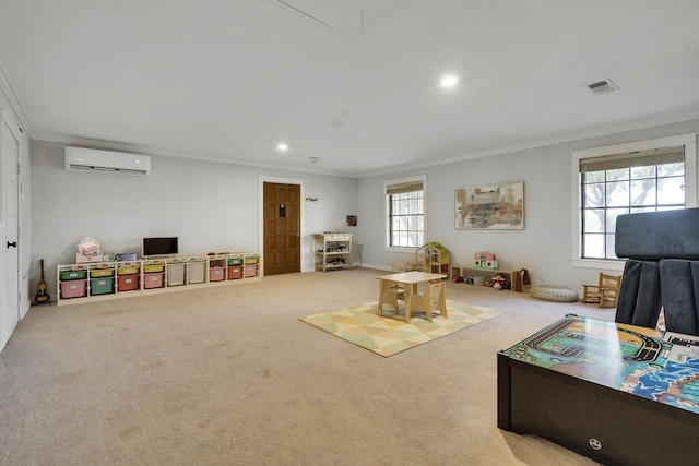 carpeted living room with plenty of natural light, crown molding, and a wall mounted AC