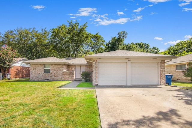 ranch-style home featuring brick siding, a front lawn, roof with shingles, a garage, and driveway