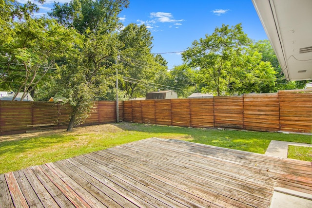 wooden terrace featuring a yard and a fenced backyard