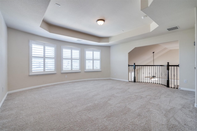 empty room featuring carpet, a raised ceiling, and a healthy amount of sunlight