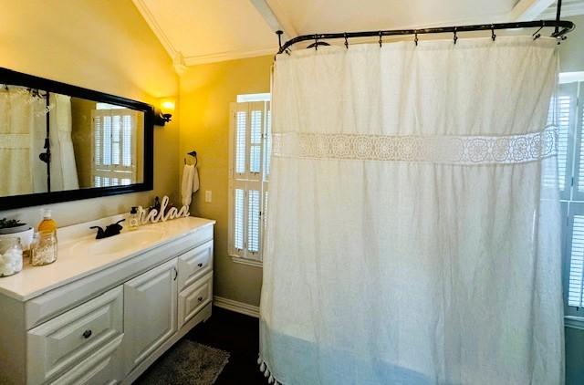 bathroom featuring vanity, plenty of natural light, and ornamental molding