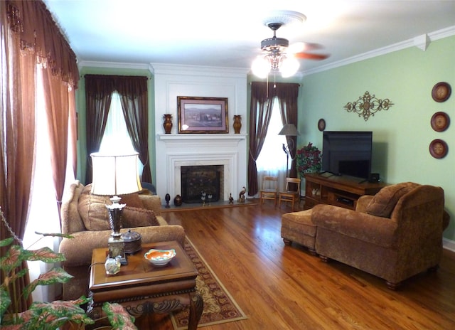 living room featuring ceiling fan, ornamental molding, and hardwood / wood-style floors