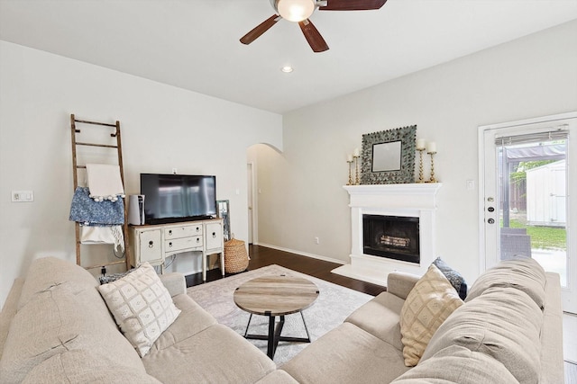 living room with ceiling fan and wood-type flooring