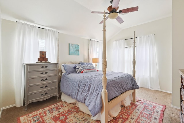 bedroom with baseboards, ceiling fan, lofted ceiling, and carpet floors