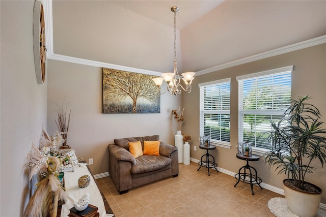 sitting room featuring light tile patterned flooring, ornamental molding, and an inviting chandelier