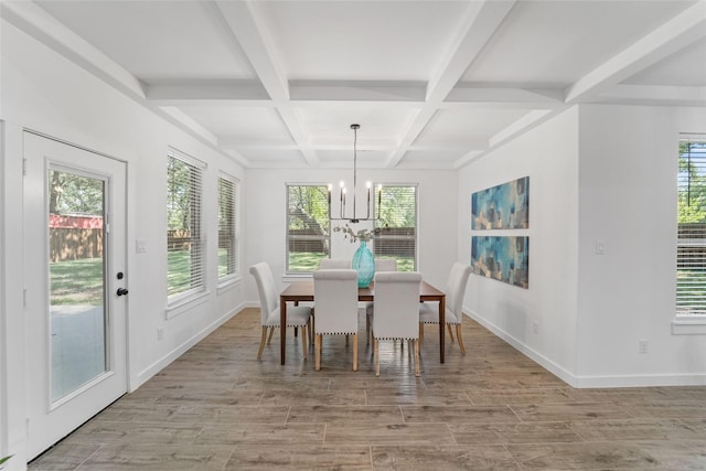 dining space with beamed ceiling, an inviting chandelier, and coffered ceiling