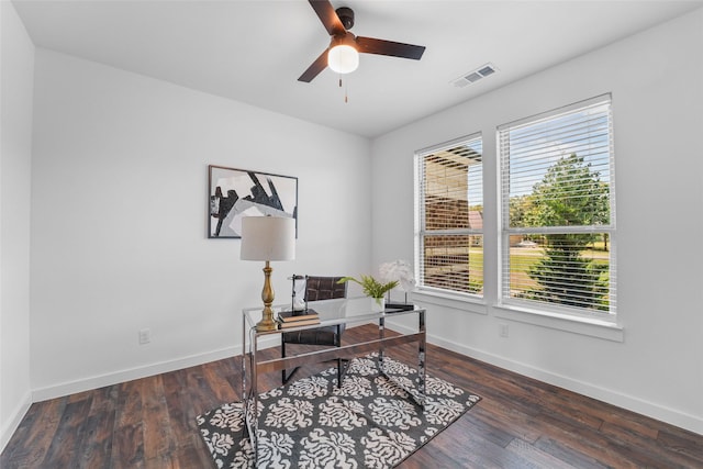 office area featuring ceiling fan and dark wood-type flooring