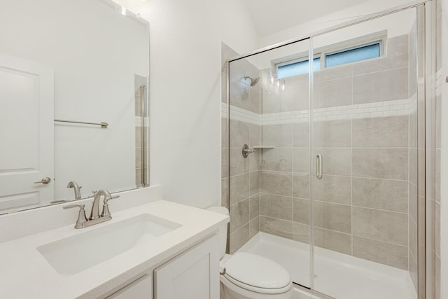 bathroom with vanity, a shower with shower door, and toilet