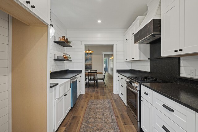 kitchen with white cabinetry, tasteful backsplash, dark hardwood / wood-style floors, custom range hood, and appliances with stainless steel finishes