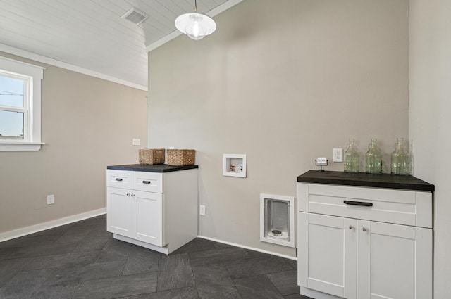 laundry room with cabinets, hookup for a washing machine, and wooden ceiling