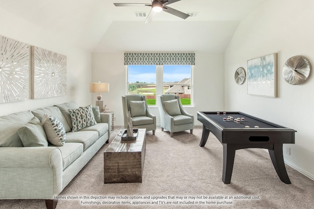 interior space with light carpet, ceiling fan, and lofted ceiling