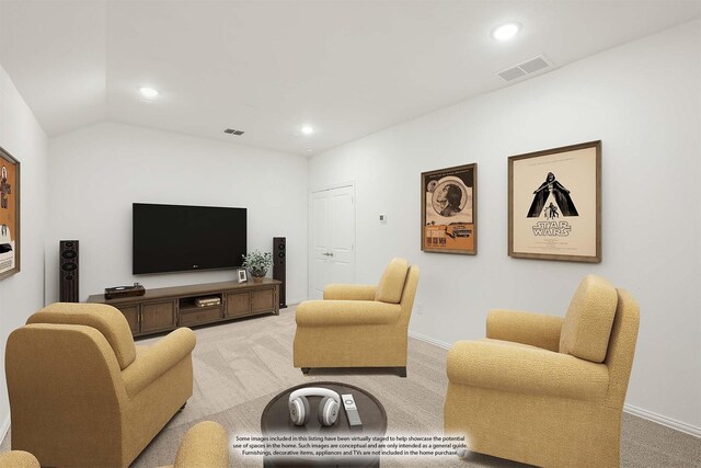 carpeted living room featuring vaulted ceiling