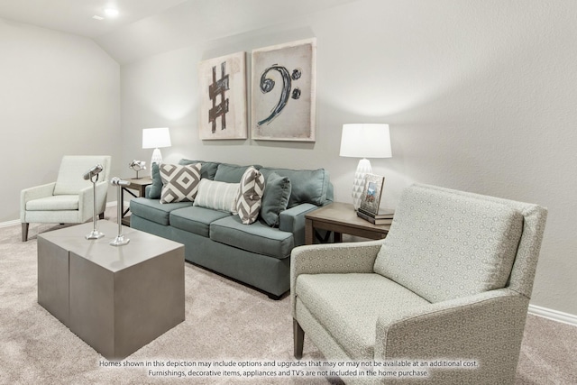 living room featuring lofted ceiling and light carpet