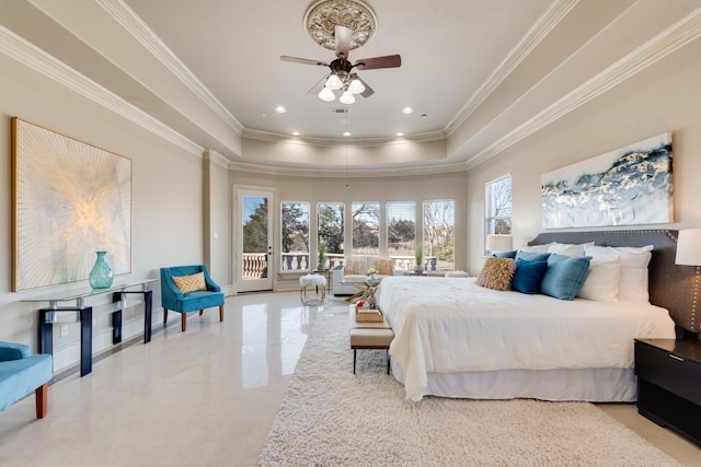 bedroom featuring a raised ceiling, crown molding, access to outside, and ceiling fan