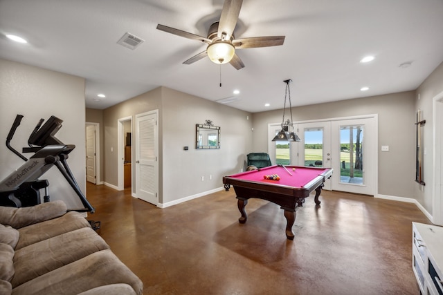 rec room featuring billiards, ceiling fan, and french doors