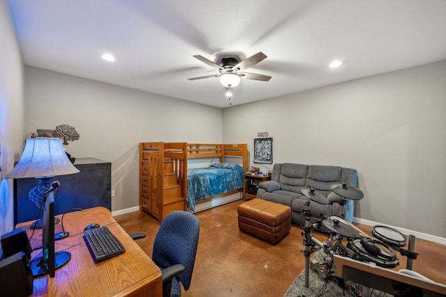 bedroom featuring ceiling fan and concrete flooring