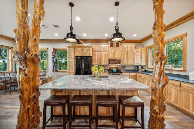 kitchen with stainless steel appliances, crown molding, dark stone counters, a kitchen island with sink, and hardwood / wood-style floors