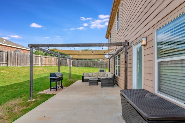 view of patio featuring a pergola and outdoor lounge area