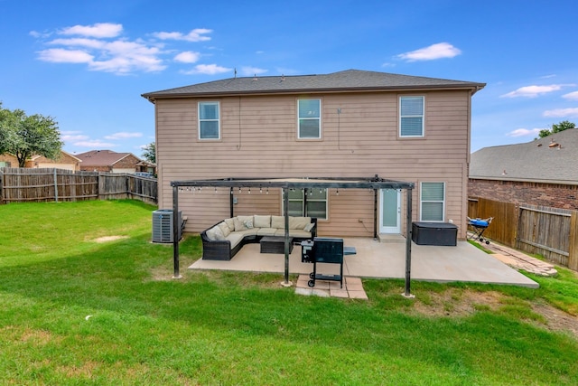 rear view of house featuring central AC, a patio area, a yard, outdoor lounge area, and a pergola