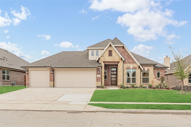 view of front of property featuring a front lawn and a garage