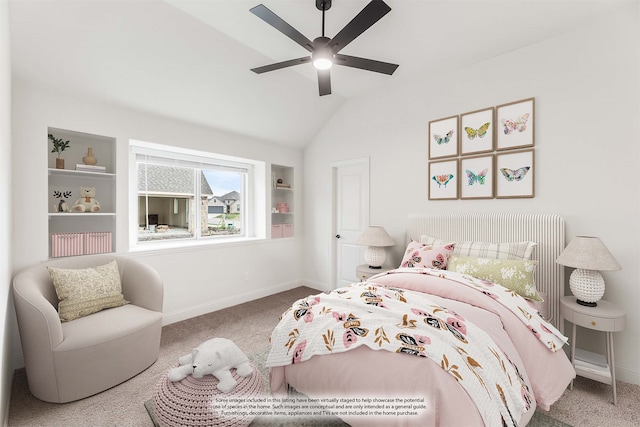 carpeted bedroom featuring vaulted ceiling and ceiling fan