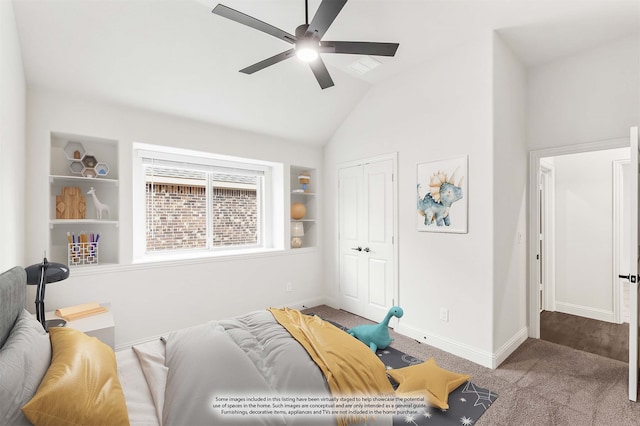 carpeted living room featuring ceiling fan, built in features, and vaulted ceiling