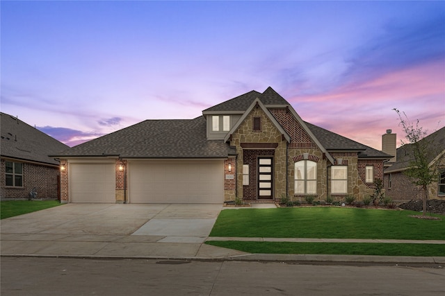 view of front of house featuring a lawn and a garage