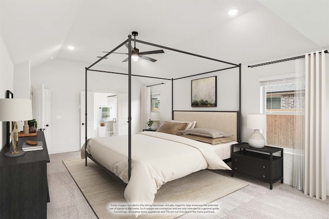 bedroom featuring lofted ceiling, ceiling fan, and light colored carpet