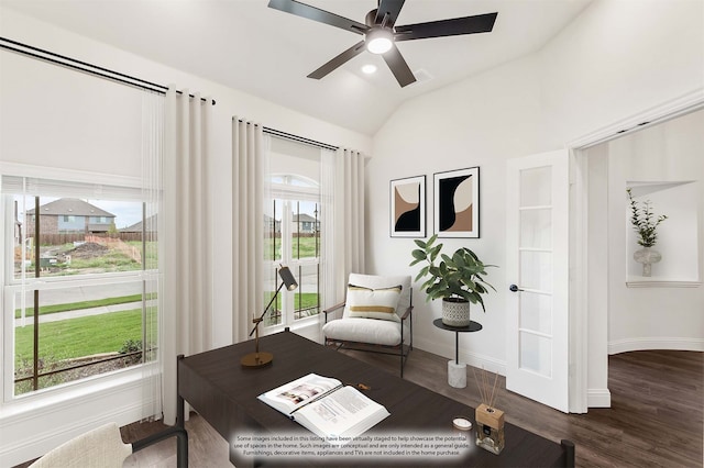 office featuring ceiling fan, lofted ceiling, plenty of natural light, and dark wood-type flooring